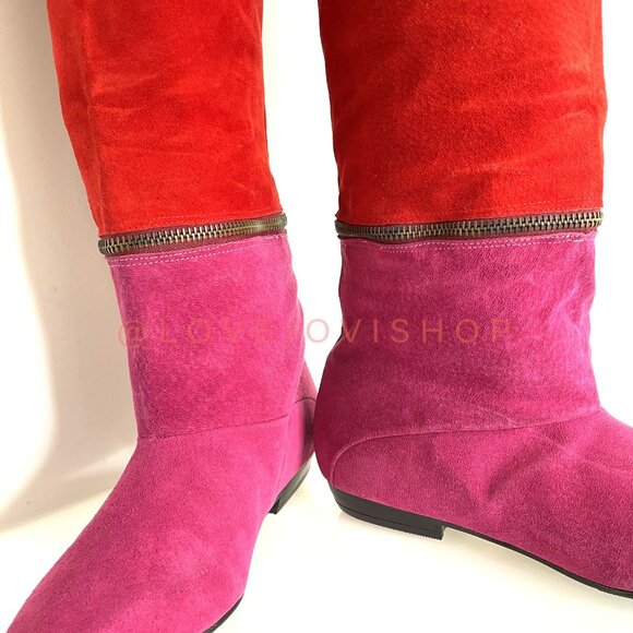 Vintage 80s | Maximalist Tiered Suede Thigh High to Ankle Boots Pink Fuchsia Red - Picture 14 of 16
